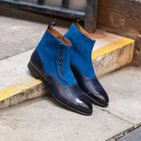 New Blue Color Genuine Leather Rounded Cap Toe High Ankle Buttons Boots for Men - Thumbnail 1