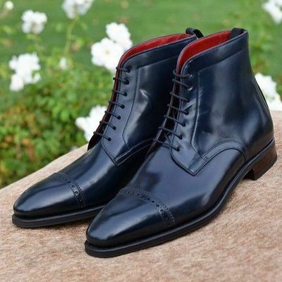 New Handmade Men's Ankle High Cap Toe Black Leather Lace Up Brogue Boots