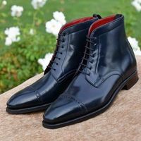 New Handmade Men's Ankle High Cap Toe Black Leather Lace Up Brogue Boots - Thumbnail 1