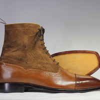 Handmade Brown Cap Toe Ankle High Leather Suede Lace Up Boot For Men's - Thumbnail 1