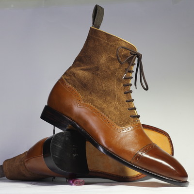 Handmade brown cap toe ankle high leather suede lace up boot for men's - Thumbnail 1