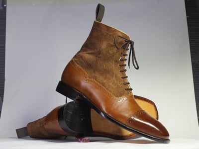 Handmade Brown Cap Toe Ankle High Leather Suede Lace Up Boot For Men's