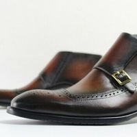 Handmade Men Brogue Double Monk Chukka Boots, New Men Leather Chukka Boots - Thumbnail 3