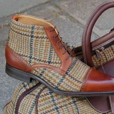 Men's bespoke spectator shoes cap toe oxford hand stitched leather & tweed shoes