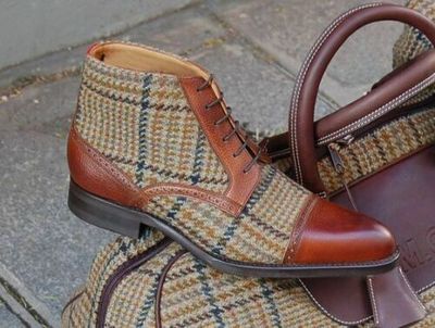 Men's Bespoke Spectator Shoes Cap Toe Oxford Hand Stitched Leather & Tweed Shoes