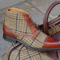 Men's Bespoke Spectator Shoes Cap Toe Oxford Hand Stitched Leather & Tweed Shoes - Thumbnail 4