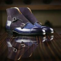 Handmade Men's Navy Blue Double Monk Chukka Boots, Men's Ankle High Chukka Boots - Thumbnail 3