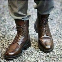 Handmade Men Wingtip Boots, Men Brown Ankle High Leather Lace up Boot, Men Shoes - Thumbnail 1