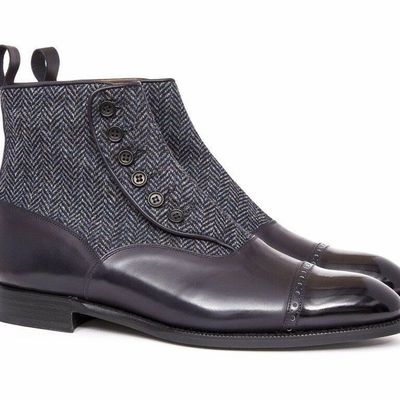 Handmade men grey black formal boot, men button boot tweed and leather ankle boot