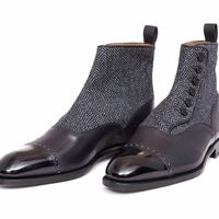 Handmade Men Grey Black Formal Boot, Men Button Boot Tweed and leather Ankle Boot - Thumbnail 1