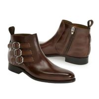 Stylish Brown Monks Triple Buckle Strap Side Zipper Derby Toe Real Leather Boots - Thumbnail 1