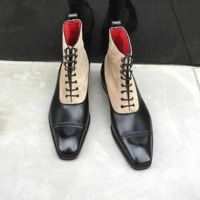 Hand Stitched Men Lace Up Black Beige Ankle Boot Designer Leather Boots