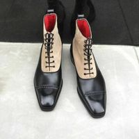 Hand Stitched Men Lace Up Black Beige Ankle Boot Designer Leather Boots - Thumbnail 4