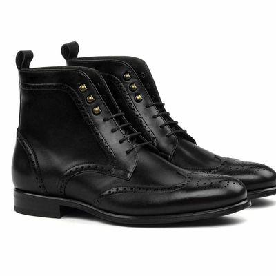 Handmade men,s ankle high black leather lace up brogue combat boots - Thumbnail 5
