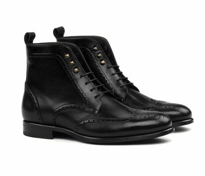 Handmade Men,s Ankle High Black Leather Lace Up Brogue Combat Boots