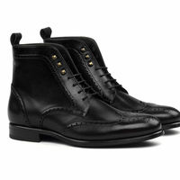 Handmade Men,s Ankle High Black Leather Lace Up Brogue Combat Boots - Thumbnail 1