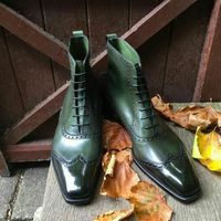 Handmade Green High Ankle Wingtip Genuine Leather Lace up Boots for Men - Thumbnail 1