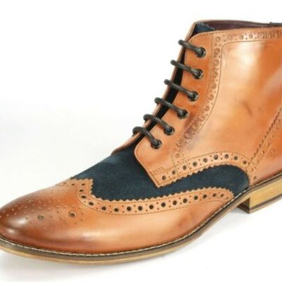 Handmade tan high ankle wingtip genuine leather lace up boots for men's - Thumbnail 4