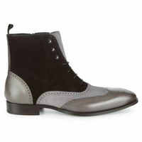 New Handmade Ankle High Black Grey Leather Suede Boots, Leather Formal Boots - Thumbnail 1