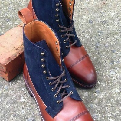 New handmade ankle high leather suede boots, blue brown leather formal boots - Thumbnail 5