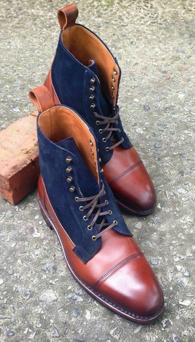 New Handmade Ankle High Leather Suede Boots, Blue Brown Leather Formal Boots