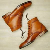 High Quality- Men Handmade Leather Cap Toe & Brogue Ankle High lace Up Boots - Thumbnail 4