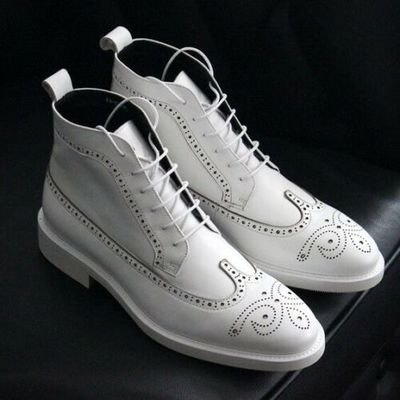New handmade men's ankle high white leather lace up brogue boots - Thumbnail 4