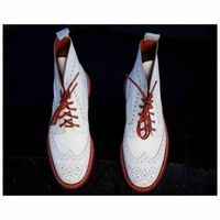 New Handmade Men's Ankle High White Leather Lace Up Wingtip Brogue Boots - Thumbnail 4