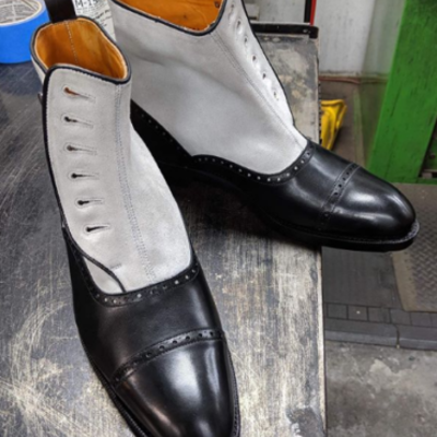 New handmade men's cap toe button boots, leather and suede dress boots for men's - Thumbnail 4