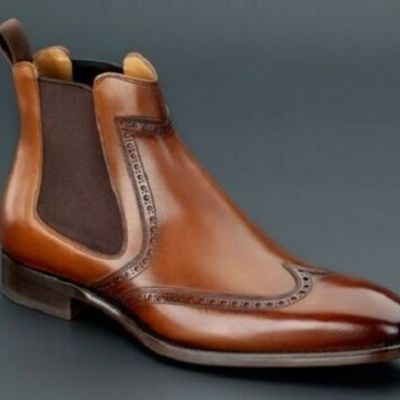 Handmade men's brown chelsea boot, men wing tip leather high ankle fashion boots - Thumbnail 5