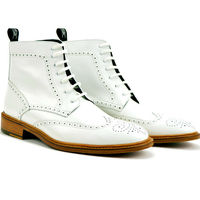 Derby Style Real Genuine White Leather Wing Tip High Ankle Lace Up Boots for Men - Thumbnail 1