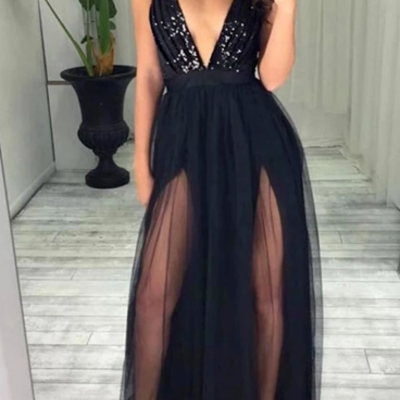 Sexy deep v neck black sequin floor length prom dress  - Thumbnail 5