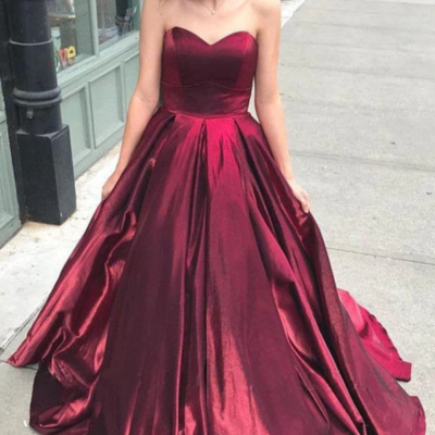Sweetheart a line strapless burgundy satin prom dresses, party dress - Thumbnail 4