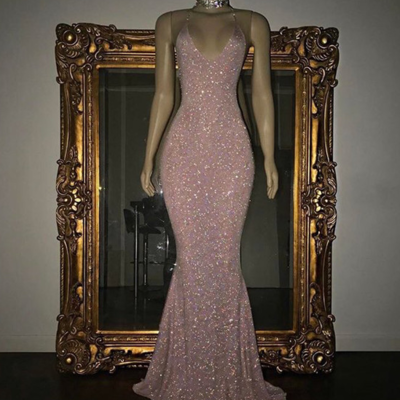 Mermaid sleeveless rose pink sequin prom dress,long evening dresses - Thumbnail 4