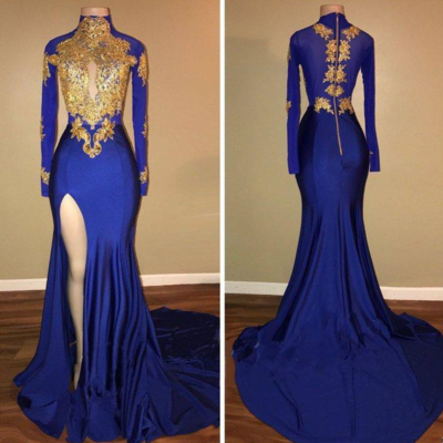 Sexy long sleeves blue gold prom dresses with side slit , evening gowns - Thumbnail 5