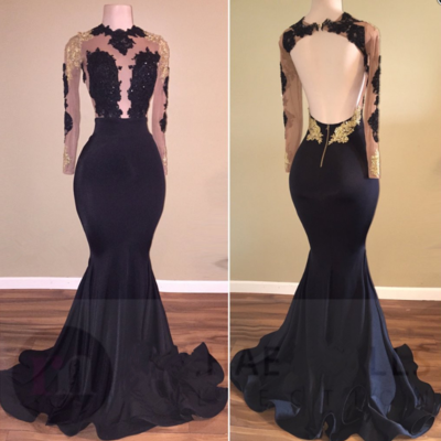 Beauty mermaid long-sleeve black prom dress, sexy evening dress - Thumbnail 5