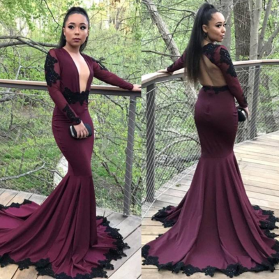 Mermaid deep v-neck long sleeve burgundy prom dress, party dress - Thumbnail 5