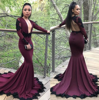Mermaid Deep v-neck Long Sleeve Burgundy Prom Dress, Party Dress