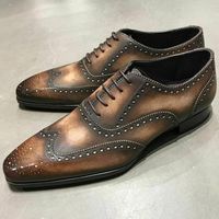 Men's Handmade Two Tone Brown Brogue Wing Tip Lace Up Formal Dress Leather Shoes - Thumbnail 4