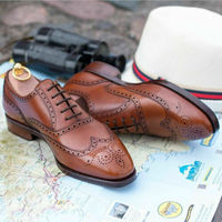 Mens Handmade Tan Brogue Wing Tip Lace Up Formal Dress Custom Made Leather Shoes - Thumbnail 4
