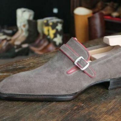 Gray color genuine suede leather single buckle strap monk black sole dress shoes
