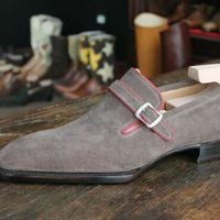 Gray Color Genuine Suede Leather Single Buckle Strap Monk Black Sole Dress Shoes - Thumbnail 1
