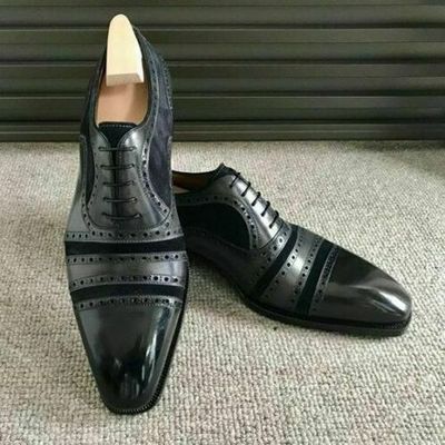 Latest handmade men's black leather & suede shoes, men lace up cap toe dress