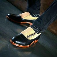 Handmade Men’s Suede Leather Button Stylish Shoes, Men’s Black Beige Cap To - Thumbnail 4
