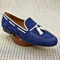 Handmade Blue Apron Toe Suede Leather White Tassel Loafer Slip Ons Men Shoes - Thumbnail 1
