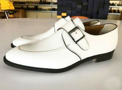 New men's Handmade white monk shoes, Dress Formal Leather Men's Shoes