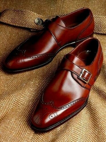 Monk Single Buckle Genuine Leather Wingtip Maroon Color Men Party Wear Shoes