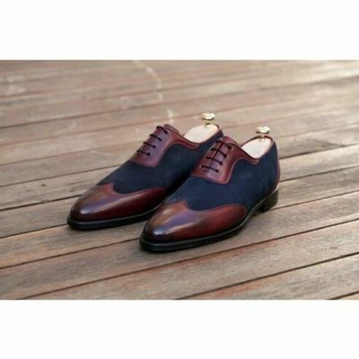 Handmade men two tone formal shoes, blue and brown oxford dress formal shoes