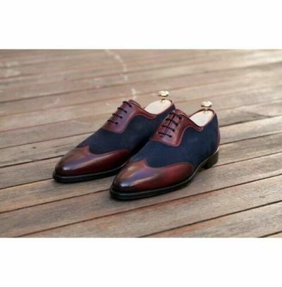 Handmade Men Two Tone Formal Shoes, Blue And Brown Oxford Dress Formal Shoes