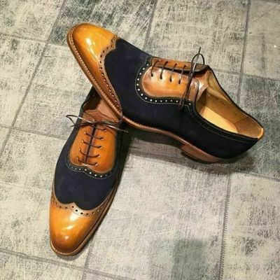 Handmade custom leather shoes for men Tan and blue two tone dress shoes